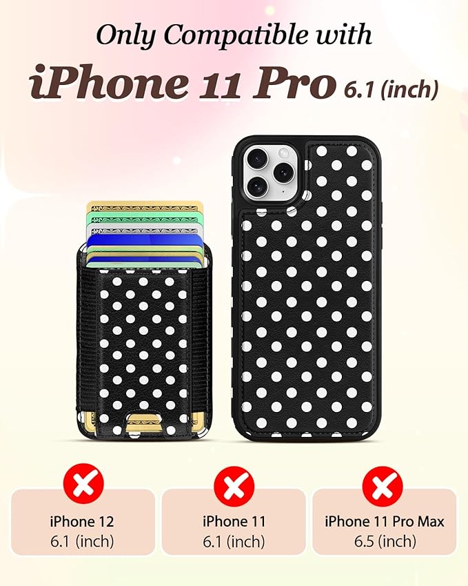 Shorogyt for iPhone 11 Pro Case Wallet - Fits 5 Cards, Compatible with Magsafe Detachable Magnetic Credit Card Holder Leather Cardholder Cute Phone Cover Women Girls for Apple 11Pro, Polka Dots