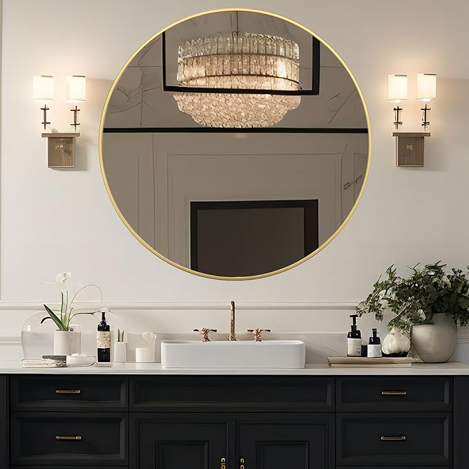 Growsun 48 inch Large Gold Round Mirror, Bathroom Mirror for Wall, Metal Frame Round Mirror for Fireplace Living Room Wall Decor