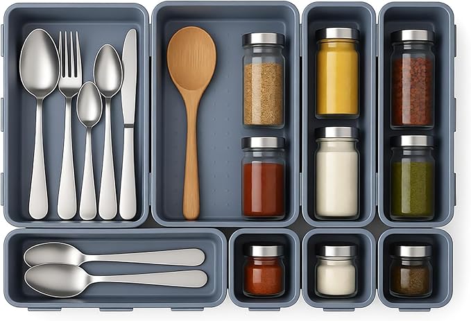 U-KIME Desktop Storage Box ,Tabletop Clutter Organizers For Cosmetics, Stationery, Kitchen Utensils, Office Supplies & Small Items(Light gray / 8-Piece set)