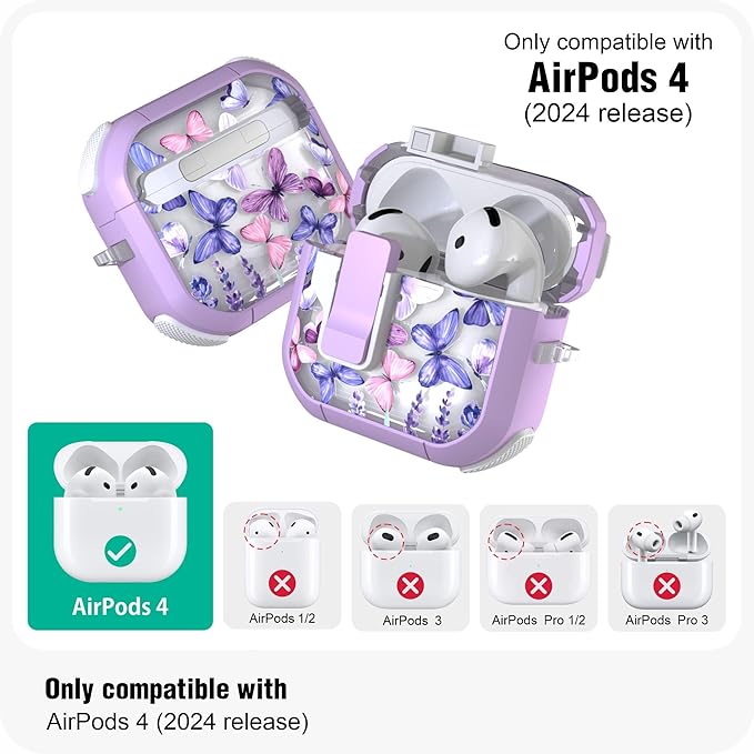 WENEW Case for AirPods 4th Case Cover Secure Lock Automatic Snap Switch Clip Cleaner Kit Lanyard Women Stylish Flower Armour Hard Shell Full Body Front LED Visible (Purple Butterfly, AirPods 4th)