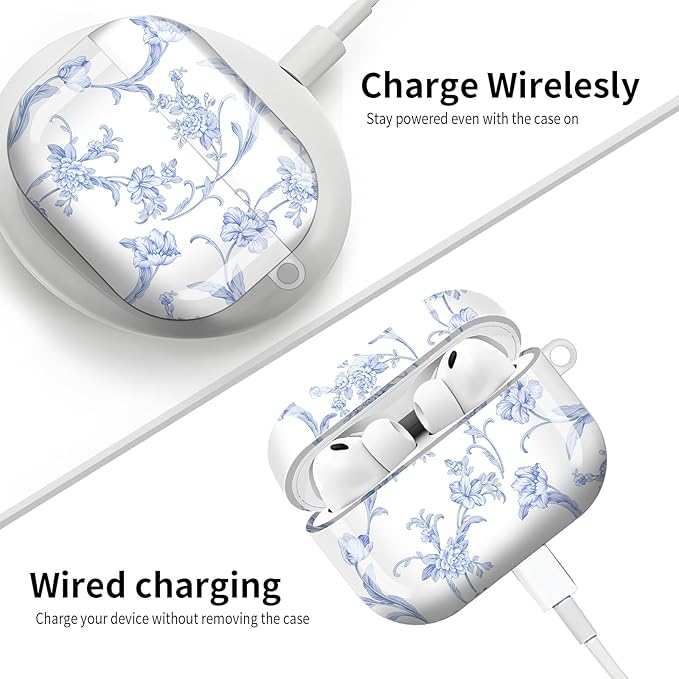 Compatible with AirPod Pro 3 (2025),Cute Case Cover for Women & Men, Full Protection Shockproof Hard Case with Keychain, Wireless Charging Case Accessories(Blue Flowers)