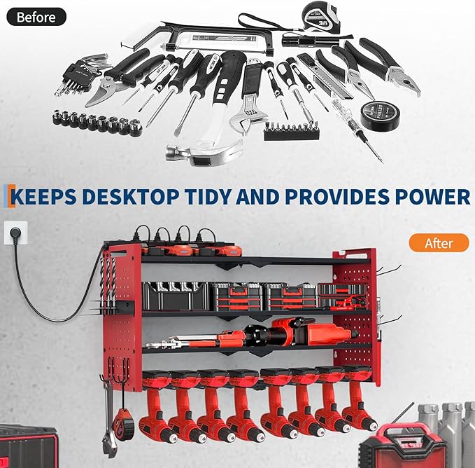 Power Tool Organizer, Drill Holder Wall Mount with Charging Station, Heavy Duty 4-Layer Garage Rack Metal Loads 400Lbs, 8 Drill Storage Shelf with Hooks, Drill Bit Shelf Battery Storage for Garage