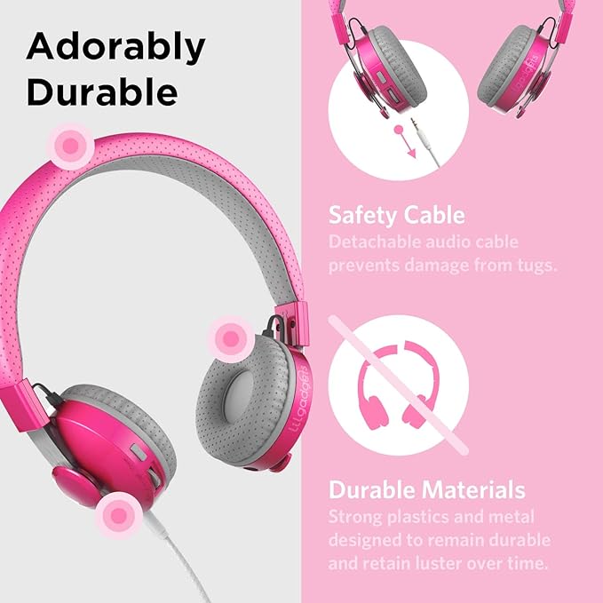 LilGadgets On-Ear Kids Headphones - 4+ Years, Pink, Untangled Pro - Bluetooth Kids Headset with SharePort & 3.5mm Jack - Volume Limited 93 dB & 12-Hour Playtime