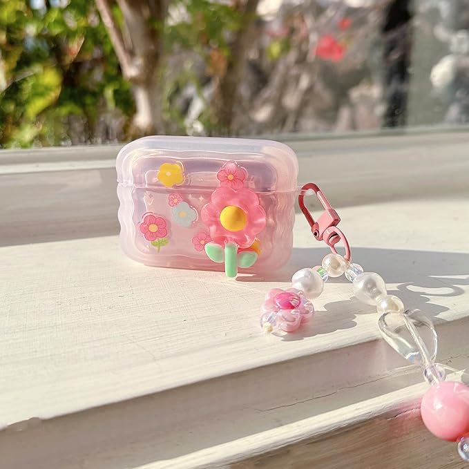 Cute Airpod Pro 2 / Airpod Pro Case 3D Flower with Keychain Clear Hard TPU Protective Cover Compatible with AirPods Pro 2nd/1st Generation Case for Girls Women (Floral Pink)