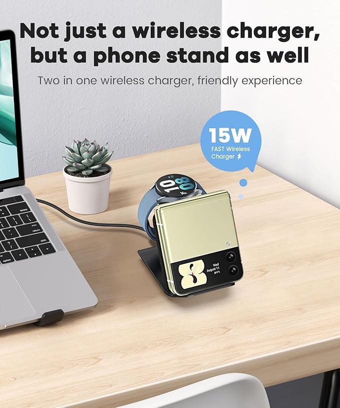 Wireless Charger for Samsung Galaxy z Flip & Watch Combo - 2 in 1 Foldable Wireless Charging Station for Flip 7/6/5/4, Motorola Razr+, Galaxy Watch 8/7/6 | PD20W Adapter Included | Black Travel Dock