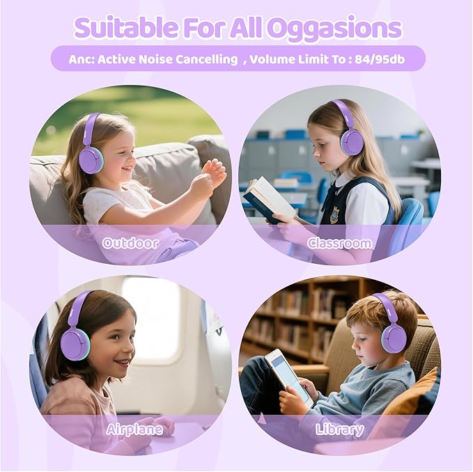 MIDOLA Active Noise Cancelling Kids Headphones Bluetooth 5.4 Wireless Volume Limited 85/94dB,Type C Fast Charging,Over Ear Foldable with Mic Aux Cord for Toddler Child Pad Tablet Purple