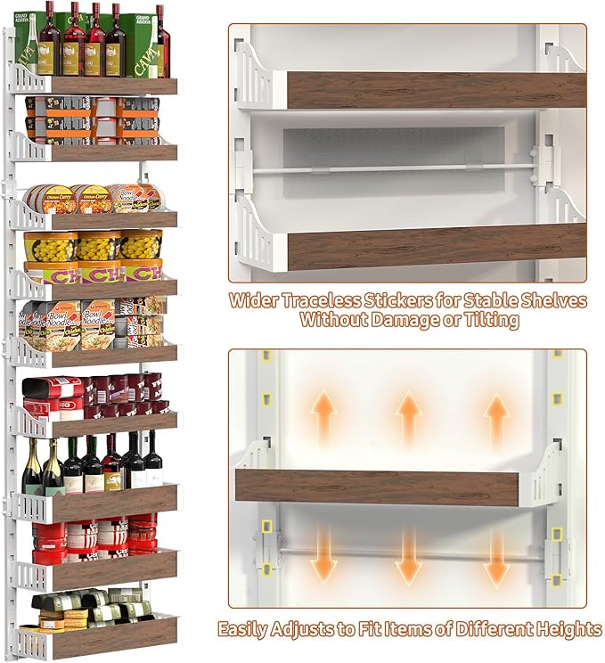 Over the Door Pantry Organizer: Pantry Organization and Storage with Hanging Basket - 9-Tier Metal Spice Rack Adjustable Shelves for Kitchen Bedroom Bathroom & Laundry Room White