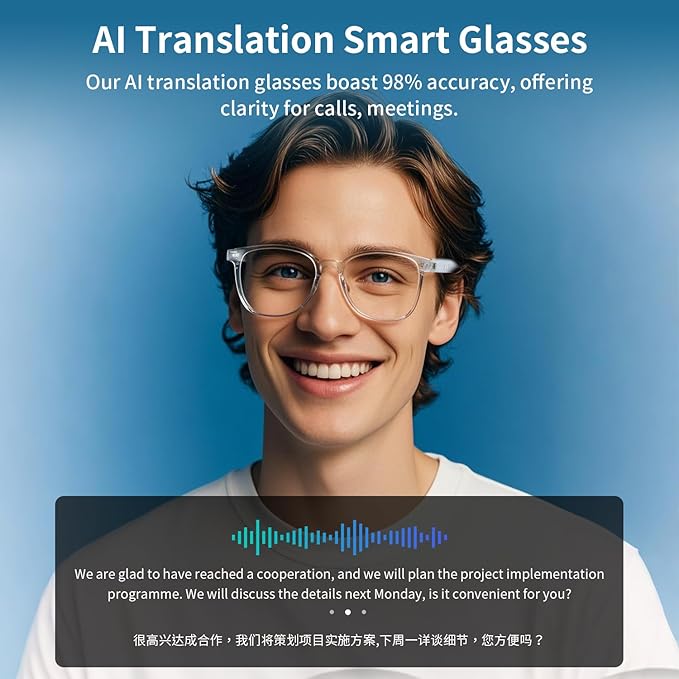 AI Smart Glasses for Women Men, Bluetooth Glasses with Photochromic Lenses, Real-Time Translation with 160+ Languages, Open-Ear Audio Wearable Tech Glass for Travel Business Learning