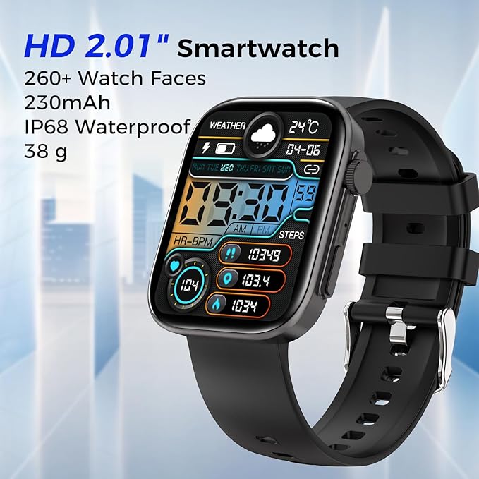 Smart Watches for Men Women, 2.01" HD Screen with 200+ Watch Faces, Heart Rate/SpO2/Sleep Monitor, 123 Sports Modes, IP68 Waterproof Fitness Tracker, Make/Answer Calls, Compatible with Android iPhone