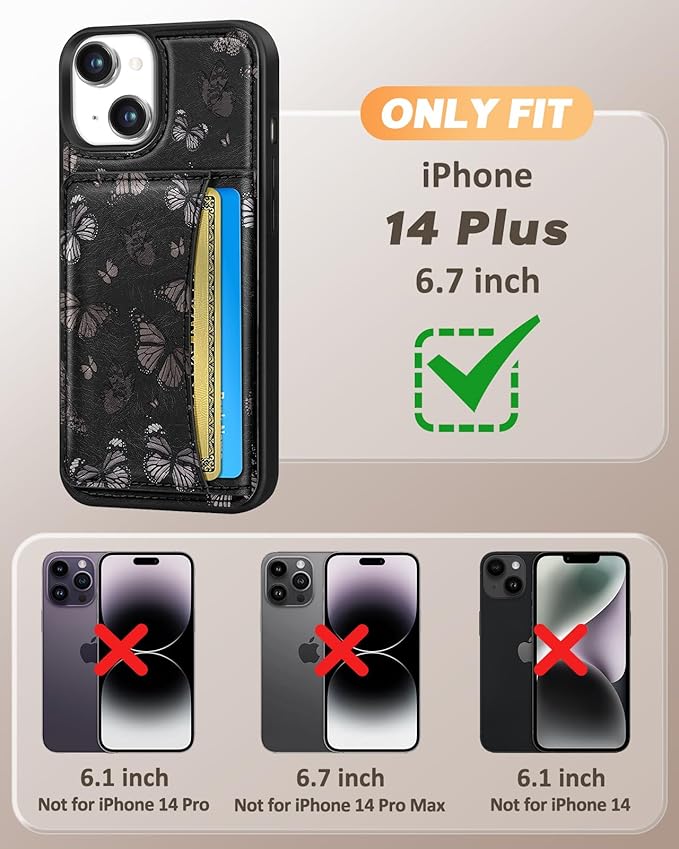 for iPhone 14 Plus Case with Wallet - Fits 4 Card Slots, Compatible with MagSafe for Women Aesthetic PU Leather Credit Card Holder Kickstand Phone Cover for Apple 14 Plus, Black Butterfly