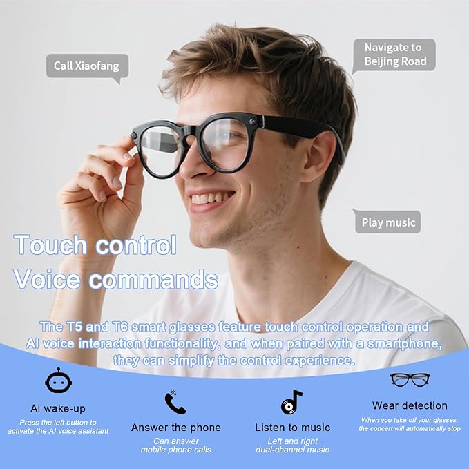 AI Bluetooth Smart Glasses with Camera, 1200P Video Recording Glasses, 8MP Anti-Shake Camera Glasses, Voice Assistant, Supports Photo/Video/Audio Recording, with AI Assistant & Real-Time Translation