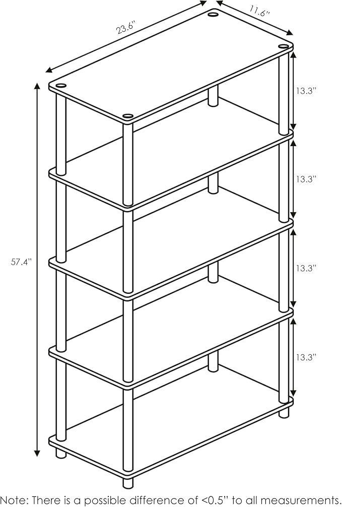Furinno TURN-N-TUBE Storage Shelves, 5-Tier Book Shelf, Corner Shelf, Toolless Open Shelves, for Organization and Storage, Living Room, Garage, Home Office, Americano