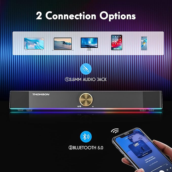 THOMSON Computer Speakers, Bluetooth Computer SoundBar, Dynamic RGB PC Speakers with 10W Stereo Sound, 3.5mm Aux-in Connection, USB Powered Computer Speakers for PC, Desktop Monitor, Laptop, Tablets