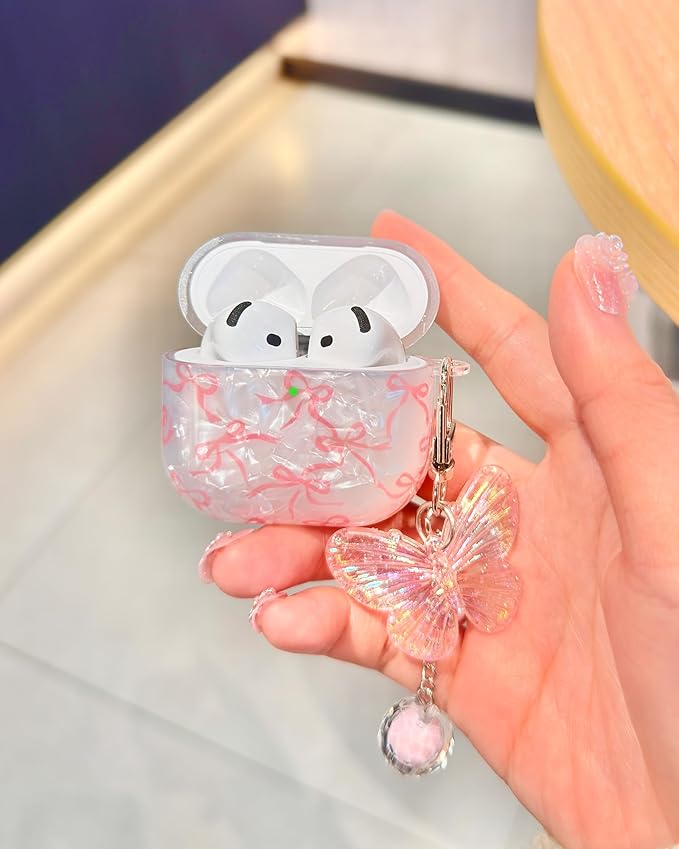 Compatible with AirPods 4 Case Cute, Shell Pattern Shockproof Protective Cover for Girls Women with Butterfly Keychain Designed for AirPod 4th Generation, Pink Bow