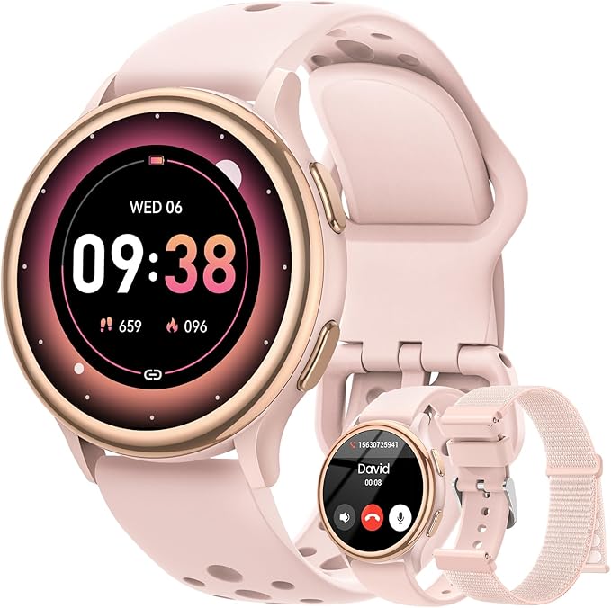 Smart Watches for Women(Answer/Make Calls), 1.27'' AMOLED Screen Activity Trackers with Heart Rate/Sleep/SpO2 Monitor, Smartwatch for iPhone/Samsung/Android, 120+ Sport Modes IP68 Fitness Watch Pink