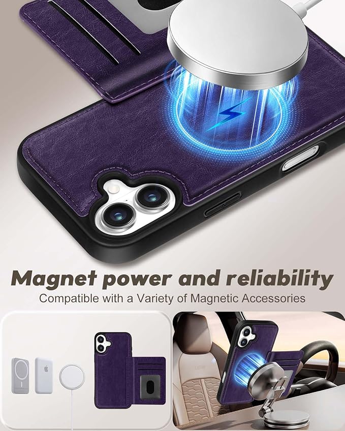 for iPhone 16 Plus Case with Wallet - Fits 4 Card Slots, Compatible with MagSafe for Women Aesthetic Durable PU Leather Credit Card Holder Kickstand Phone Cover for Apple 16 Plus, Purple