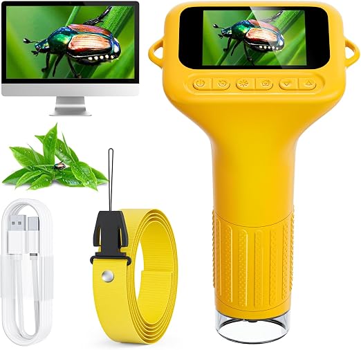 SKYBASIC Digital Microscope for Kids, 2" Screen 1000X Handheld Microscope HD Pocket Portable Microscopes Camera, Science Edu Fun Birthday Gifts Toys for Ages 4-12 Children Students Boys Girls -Yellow