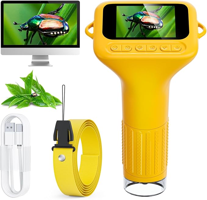 SKYBASIC Digital Microscope for Kids, 2" Screen 1000X Handheld Microscope HD Pocket Portable Microscopes Camera, Science Edu Fun Birthday Gifts Toys for Ages 4-12 Children Students Boys Girls -Yellow