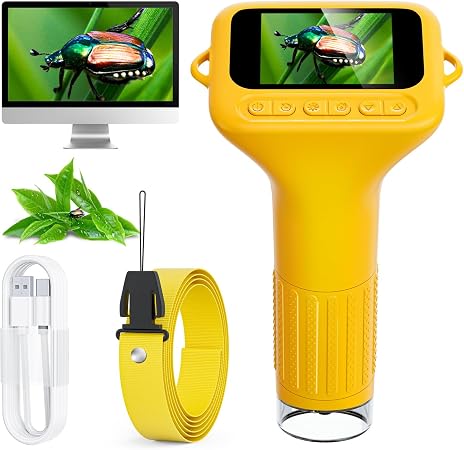 SKYBASIC Digital Microscope for Kids, 2" Screen 1000X Handheld Microscope HD Pocket Portable Microscopes Camera, Science Edu Fun Birthday Gifts Toys for Ages 4-12 Children Students Boys Girls -Yellow