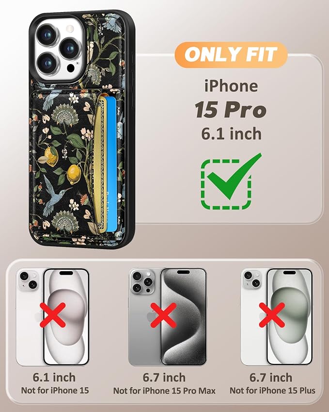 for iPhone 15 Pro Case with Wallet - Fits 4 Card Slots, Compatible with MagSafe for Women Aesthetic Durable PU Leather Credit Card Holder Kickstand Phone Cover for Apple 15 Pro, Lemon Bird