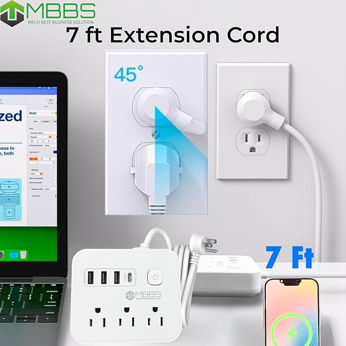 7 ft Surge Protector Power Strip with USB C, 1200J Protection, Heavy Duty Extension Cord – (7-in-1) 3 AC Outlets, 4 USB Ports, LED On/Off Switch – Compact & Travel Friendly – Home, Office (White)