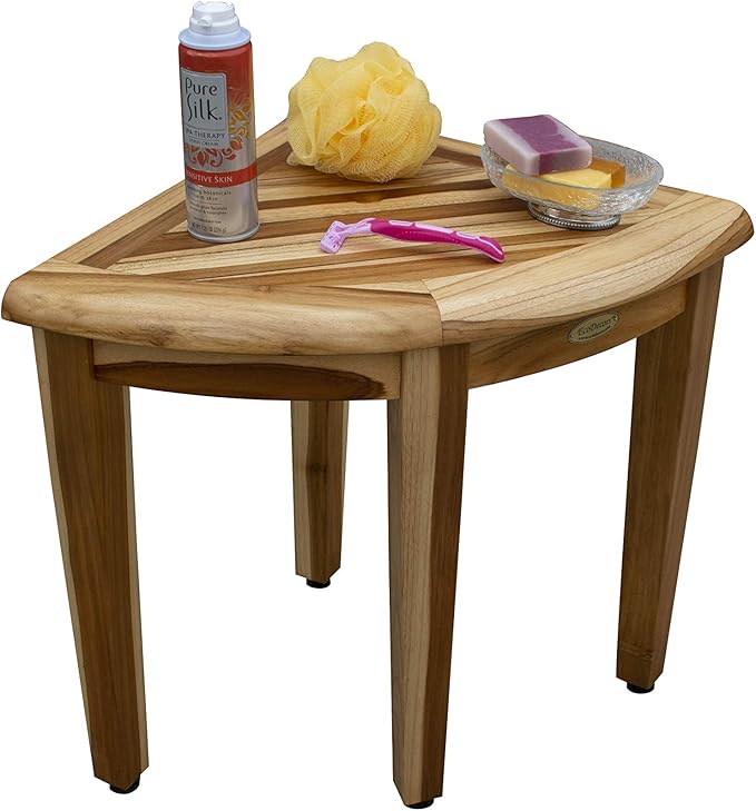 EcoDecors SnazzyCorner Waterproof Teak Wood Shower Bench Stool Seat Chair For Inside Shower Provides Safety, Storage, and Organization For Bathroom Accessories