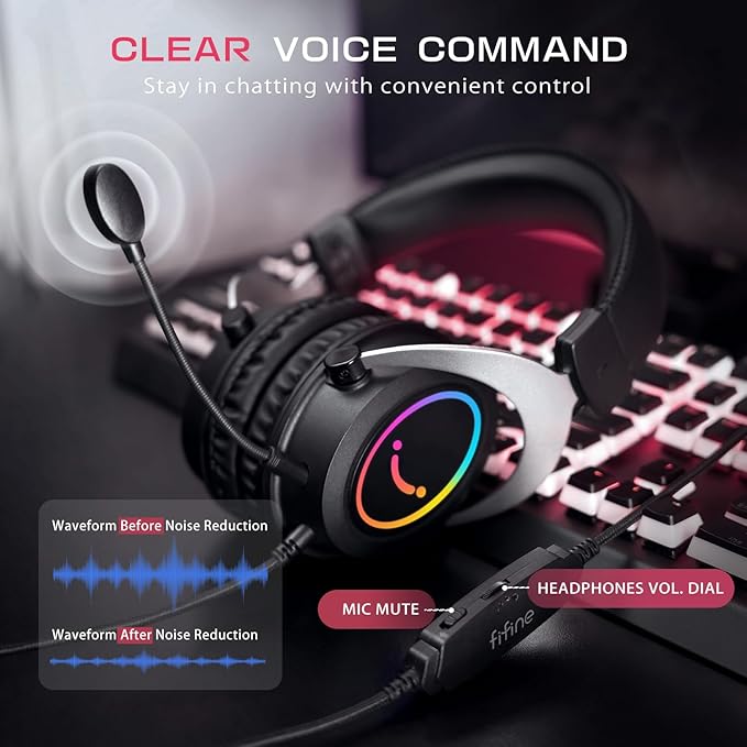 FIFINE RGB Gaming Headsets,Comfortable Over-Ear Headphones with Microphone,Wired Audio Jack Connection,Leather Passive-Noise-Cancelling Earcups,for PC PS4 PS5 Xbox Gamer Ampligame H3