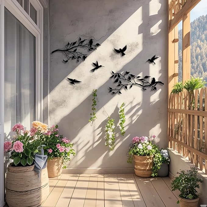 Harikikochuu 4PCS Metal Birds Wall Decor, Birds on the Branch Metal Silhouette Art, Black Leaves with Bird Outdoor Hanging Wall Sculpture for Home Office Balcony Garden Decor.（Hummingbirds）