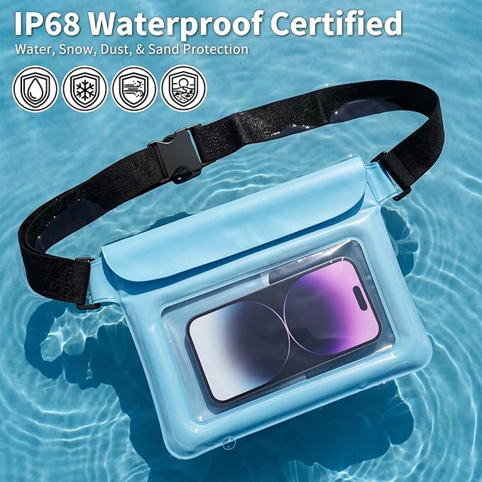 Waterproof Pouch Bag Set IPX8 2 Pcs: Blue Water Proof Fanny Pack 9.8" with Clear Window & Black Waterproof Phone Case 7" Phone Pouch, Floating Belt Bag with Crossbody Waist Strap, Cruise Essentials