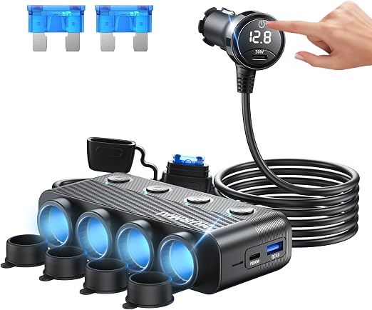 HURMAI Cigarette Lighter Splitter 216W 4 Socket USB C Car Adapter