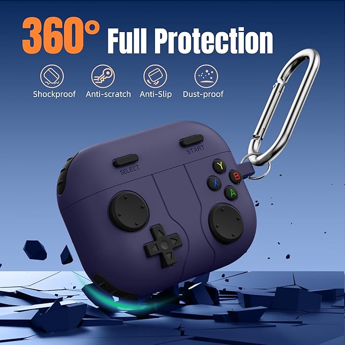 Game Case for AirPods Pro 3 Case, Shockproof Silicone Cover for Apple AirPods Pro 3, Skin-Friendly, Anti-Fingerprint, with Cleaner Kit & Keychain – Durable Case for Men Boy – Dark Purple