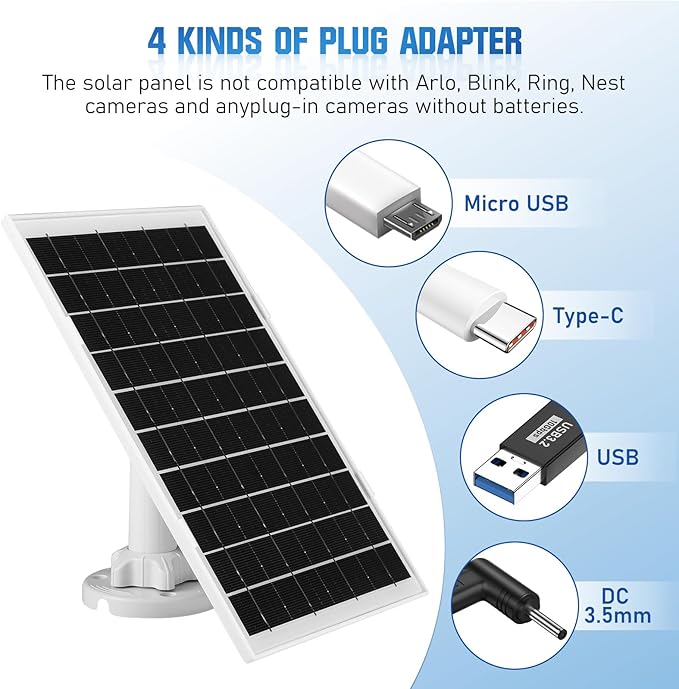8W Solar Panel for Security Camera 2 Pack, 5V Solar Panel Charger is Compatible with WYZE Battery Cam Pro, Eufy Camera & Arlo Essential Spotlight/XL Spotlight Camera, with Micro USB, DC, USB-C Port