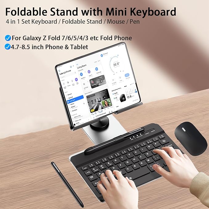 for Samsung Galaxy Z Fold 7 6 5 4 Trifold Stand and Keyboard Mouse, Portable Mini Bluetooth Keyboard, Foldable Adjustable Aluminum Alloy Stand Holder for Desk, with Wireless Mouse and Pen