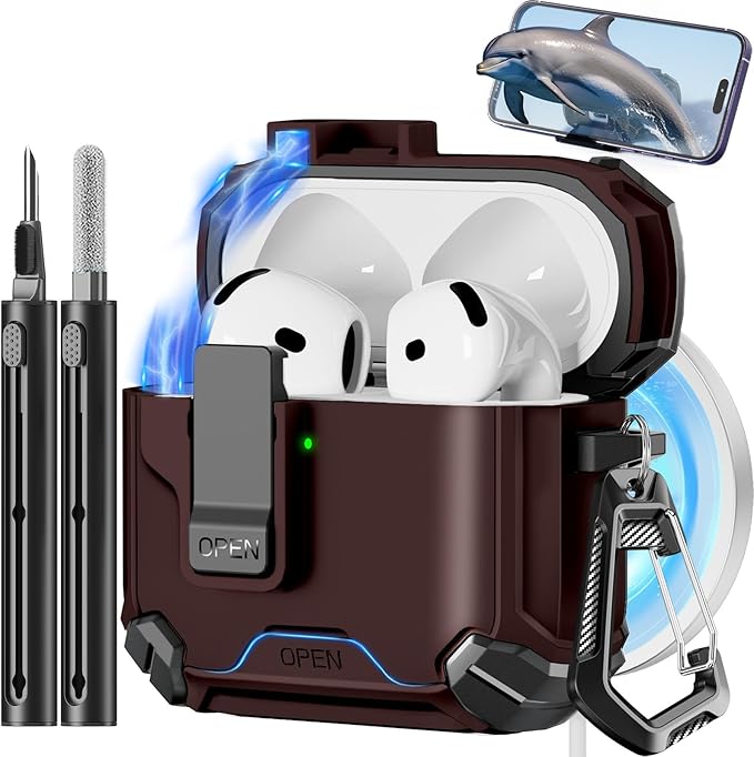 Compatible with AirPods 4 Case,Magnetic Automatic Lock with Phone Stand & Cleaning Kit,Compatible with Magsafe Cover -Brown