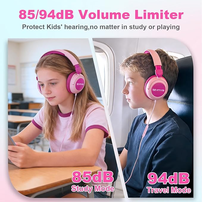 V8 Kids Headphones Wired with Mic for Toddlers, 85/94dB Safe Volume Limit, Foldable Portable Headphones for School & Travel, 3.5mm Port, Stereo Sound for iPad Tablet Kindle Computer (Pink)