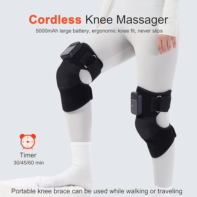 Knee Massager with Heat for Pain Relief V5.0[2025 Upgraded] - Electric Cordless Heated Knee Brace with 6 Heat Levels and 3 Vibration Massage Mode, for Men Women (Black, 1-Pack)