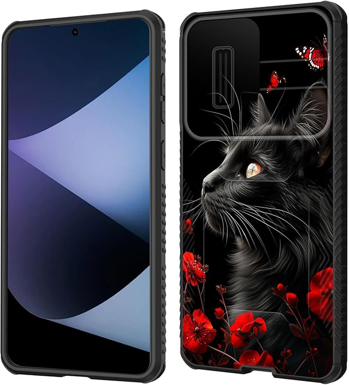 for Galaxy S25 Edge Case Built in Slide Camera Lens Cover,Heavy Duty Shockproof Protection Dual Layer Case for Samsung Galaxy S25 Edge 2025,Black Cat Flowers and Butterflies