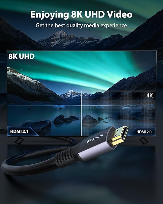 Stouchi 8K Long HDMI Cables 25FT, 48Gbps Ultra High Speed HDMI® Cord, CL3 in Wall Rated, 8K60 4K120 144Hz eARC SBTM HDR10+ Dolby Compatible for PS5, Xbox Series X, Apple TV 4K, Fire Roku TV