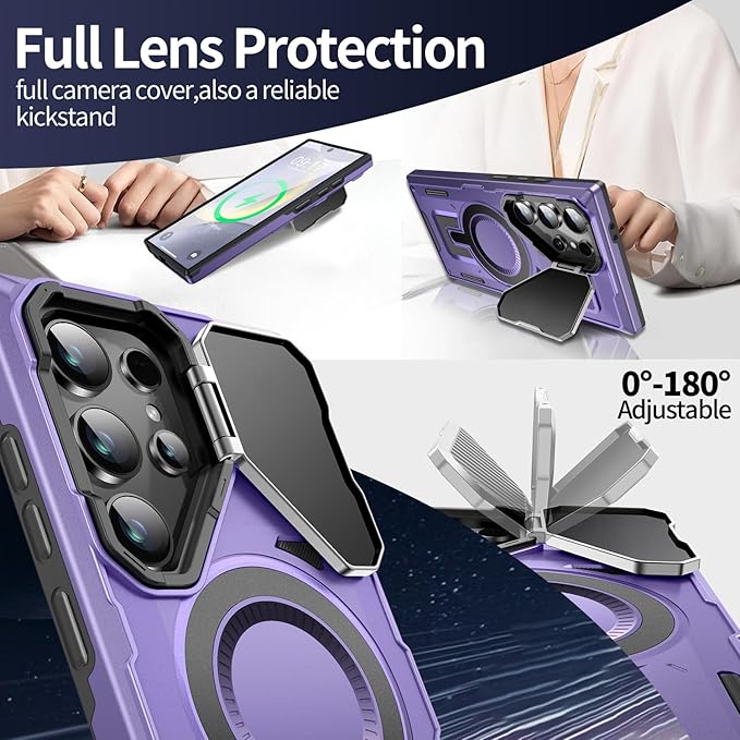 Camera Stand Case for Galaxy S24 Ultra, [Compatible with MagSafe][Lens Cover] 2024 Version Military Grade Protective Soft Case for Samsung Galaxy S24 Ultra 6.8" Men Women, Purple