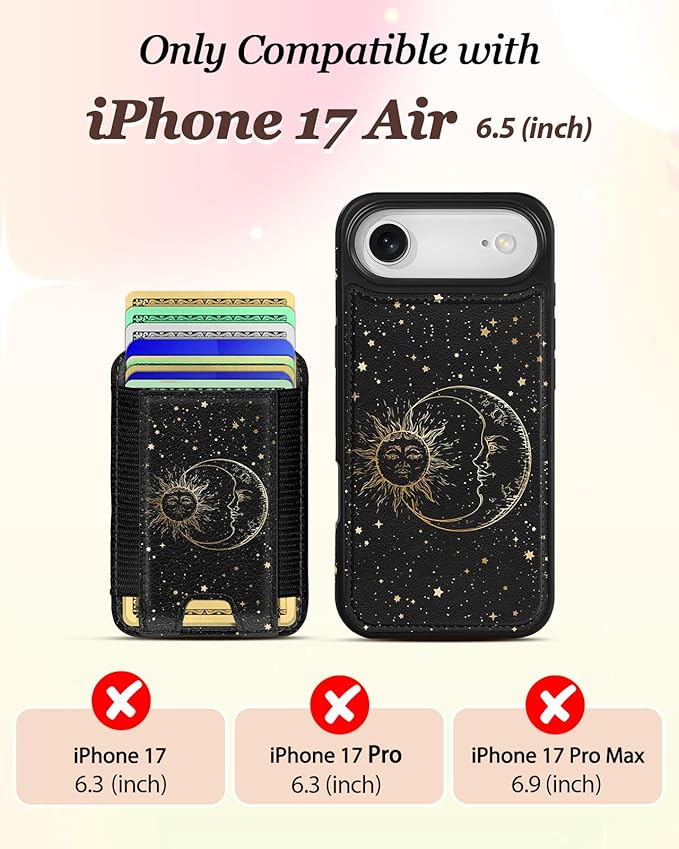 Shorogyt for iPhone Air Wallet Case - Fits 5 Cards, Compatible with Magsafe Detachable Magnetic Credit Card Holder Leather Cardholder Cute Phone Cover Women Girls for Apple 17 Air, Sun Moon