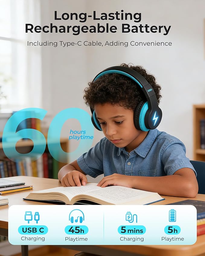 seenda Kids Bluetooth Headphones Boys, JCH-01 Kids Wireless Headphones for School, 85/94dB Volume Limited, 45H Playtime, 3 Lighting Modes, Built-in Mic Headset with Aux Cord for iPad/Tablet/Travel