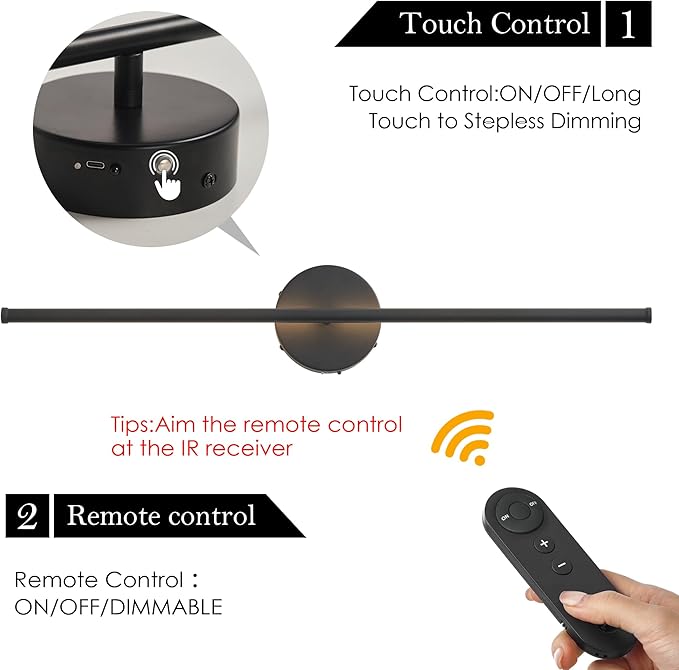 Battery Operated Wall Sconces, Dimmable Wall Sconces Set of Two, 350°Rotate, 3000K LED Black Wireless Wall Light for Living Room, Bedroom,Hallway, 24.4 Inch (2 Pack)