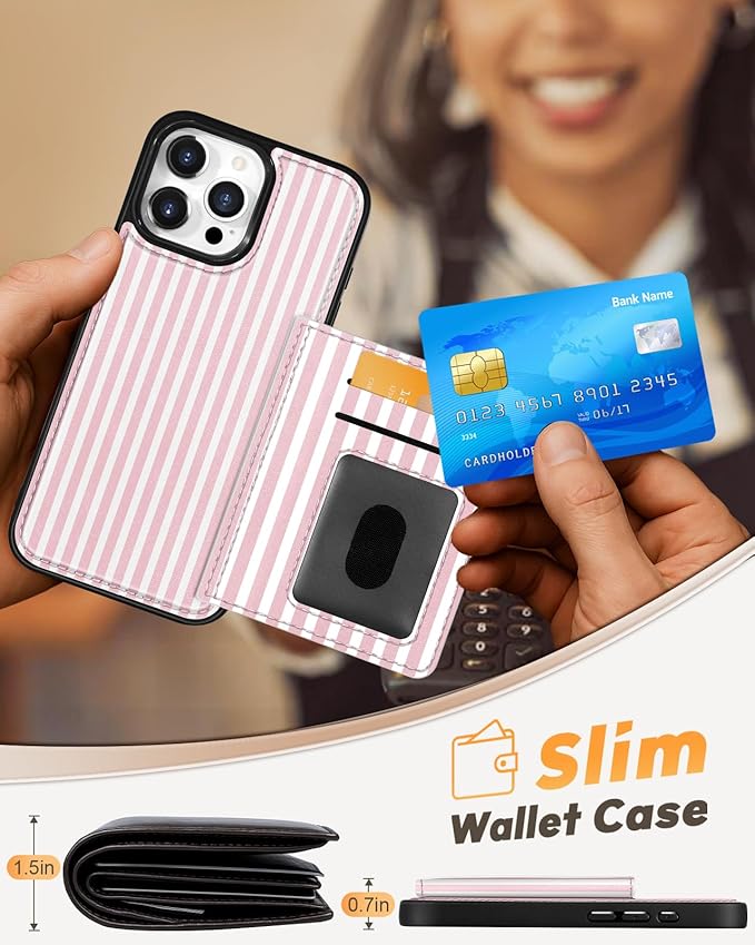 for iPhone 14 Pro Case with Wallet - Fits 4 Card Slots, Compatible with MagSafe for Women Aesthetic Durable PU Leather Credit Card Holder Kickstand Phone Cover for Apple 14 Pro, Stripe