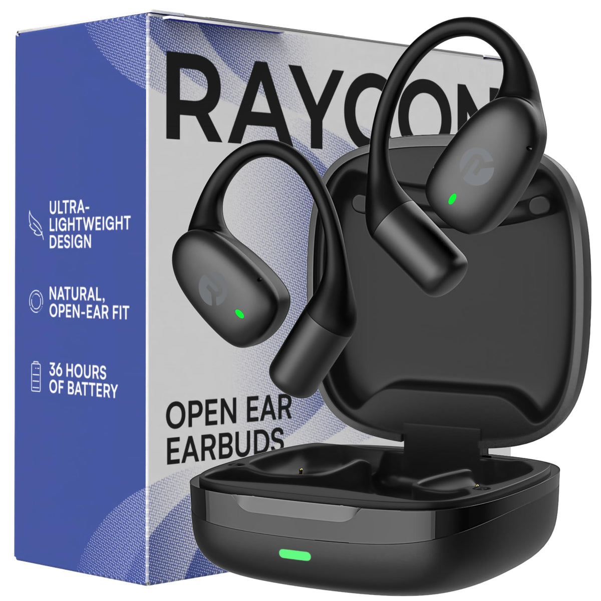 Raycon Essential Open Ear Earbuds – Open Ear Headphones, Earbuds Wireless Bluetooth, Sweat & Water-Resistant Earphones, Running Headphones with Ultra-Lightweight Design, 36 Hours Battery Life (Black)