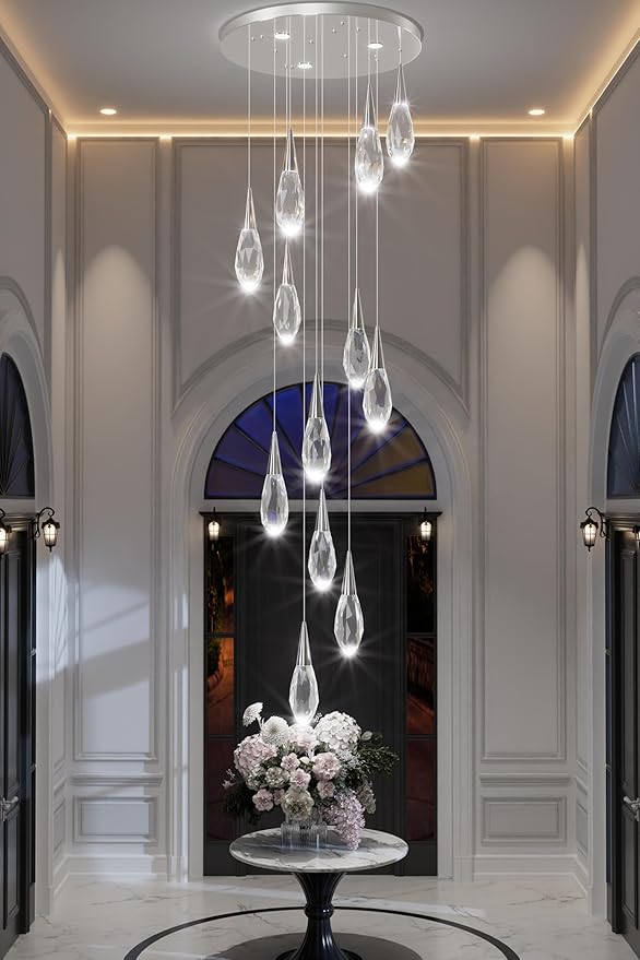 H118 Chandeliers for High Ceiling Chrome Modern Crystal Pendant Light 12-Lights Crystal Raindrop Chandelier for Living Room Staircase Villa