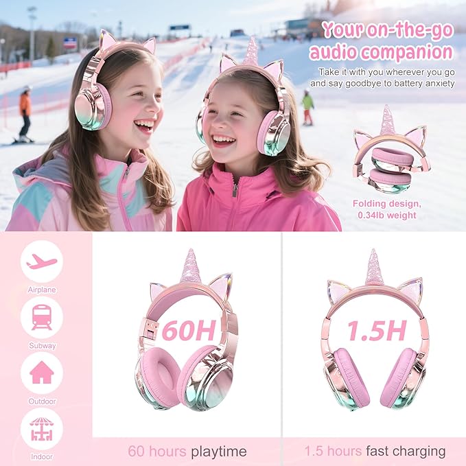 QearFun Kids Unicorn Bluetooth Headphones, 60H Playtime, 74/85/94dB Safe Volume Limit, Metallic Gradient Wireless Headset with Mic, Fast Charging, Foldable, Wired Mode for Girls School/Tablet/Travel