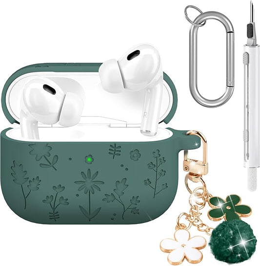 Seltureone Compatible with AirPods Pro 3 Case 2025 Cute with Cherry Blossom Keychain and Cleaning Kit, Soft Silicone Shockproof Flower Engraved Compatible with AirPod Pro 3 Case Cover - Pine Green