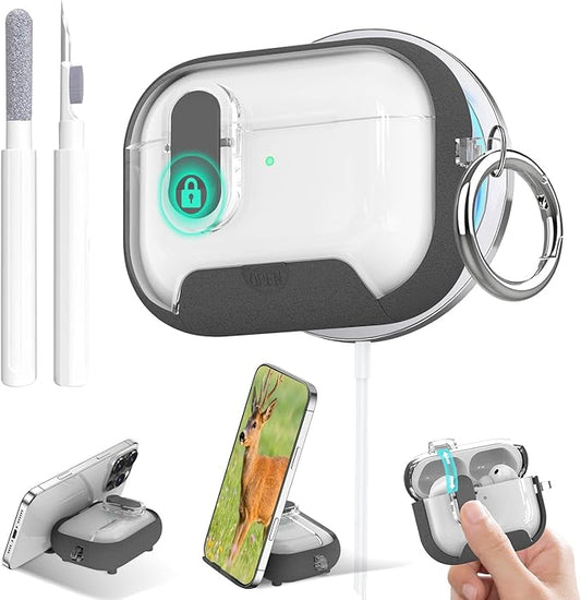 for Airpods Pro 3 Case Clear,Secure Lock for Airpods pro 3rd Generation Case Cover with Phone Stand and Magsafe Function,Auto Pop-up,Hybrid Protection with Carabiner&Cleaning Pen-Furry Grey