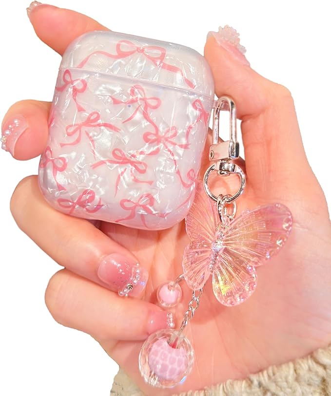 Compatible with AirPods Case Cute, Shell Pattern Shockproof Protective Cover for Girls Women with Butterfly Keychain Designed for AirPods 1st & 2nd Generation, Pink Bow