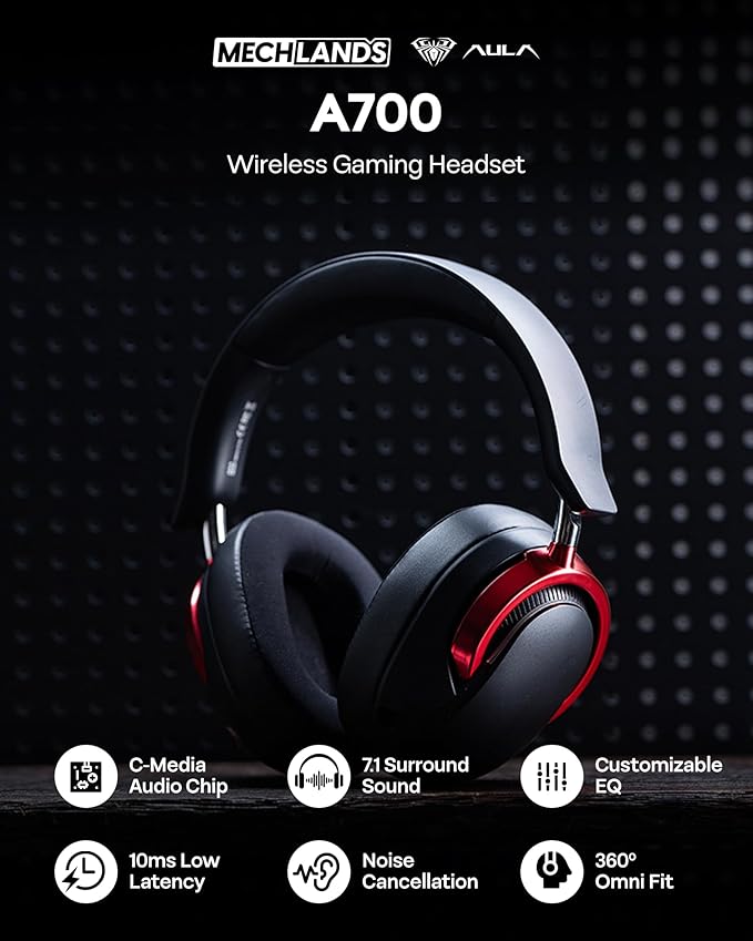 MechLands Aula A700 Wireless Gaming Headset with 7.1 Surround Sound, 50mm Driver, 2.4GHz/BT/Wired, Gaming Headphone with Noise Canceling Mic, RGB Light, 40H Battery, for PS4/PS5/PC/Switch (Black Red)